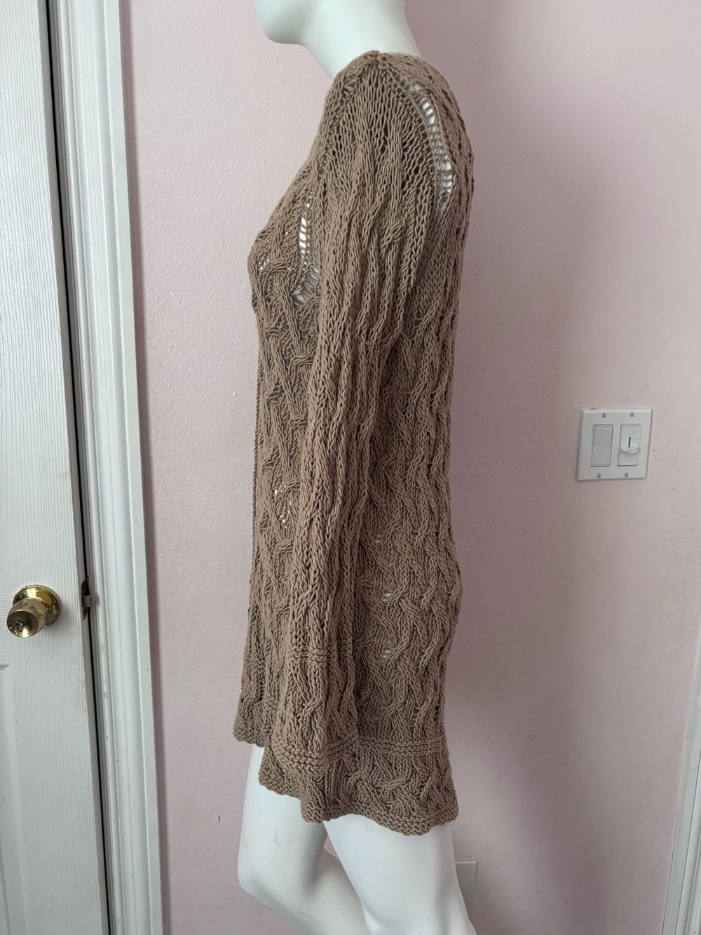 Tommy Bahama Women Linen Blend Chunky Cable Knit Lace Up Tunic Sweater Taupe - Picture 4 of 9